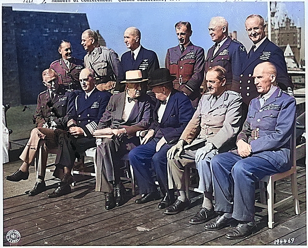 Octagon Conferece, Sep 1944; sitting: Marshall, Leahy, Roosevelt, Churchill, Brooke, Dill; standing: Hollis, Ismay, King, Portal, Arnold, Cunningham [Colorized by WW2DB]