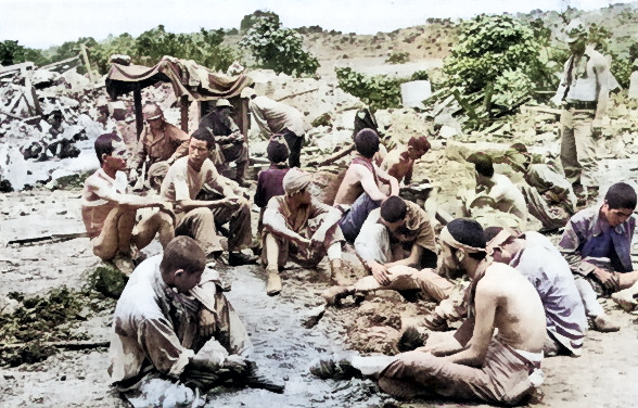 A group of Japanese prisoners, Okinawa, Japan, circa Jun 1945 [Colorized by WW2DB]