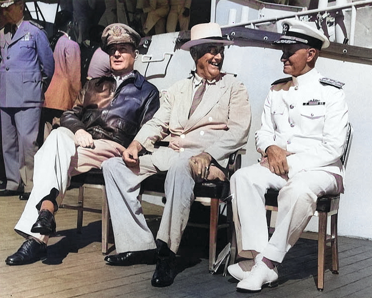 MacArthur, Roosevelt, and Nimitz aboard USS Baltimore, Pearl Harbor, US Territory of Hawaii, 26 Jul 1944, photo 1 of 3 [Colorized by WW2DB]