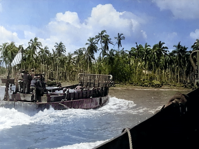 An US Navy LCM delivered men to the Leyte beachhead, Philippine Islands, 20 Oct 1944 [Colorized by WW2DB]