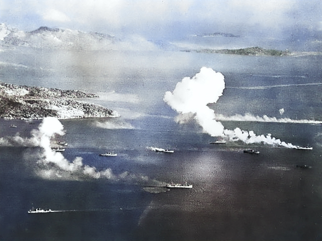 Japanese ships and fishing boats under attack at Dublon Island, Truk Atoll, Caroline Islands, 16 Feb 1944 [Colorized by WW2DB]