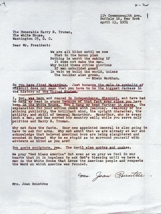 Letter from Joan Rountree to Harry Truman protesting the removal of Douglas MacArthur, 13 Apr 1951 [Colorized by WW2DB]