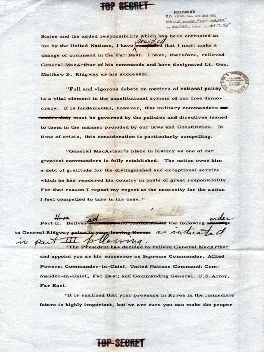 Truman's order to relieve MacArthur, 10 Apr 1951, page 2 of 6 [Colorized by WW2DB]