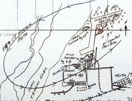 Hand-drawn map of Air Group 80 of USS Ticonderoga 9 Jan 1945 attack on Heito Airfield, southern Taiwan [Colorized by WW2DB]