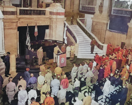 Ceremony marking the return of Seoul to Republic of Korea control, General Government Building, Seoul, Korea, 29 Sep 1950, photo 3 of 3 [Colorized by WW2DB]