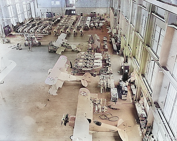 N3N trainer aircraft being constructed at the Naval Aircraft Factory at the Philadelphia Navy Yard, Pennsylvania, United States, 28 Jun 1937 [Colorized by WW2DB]