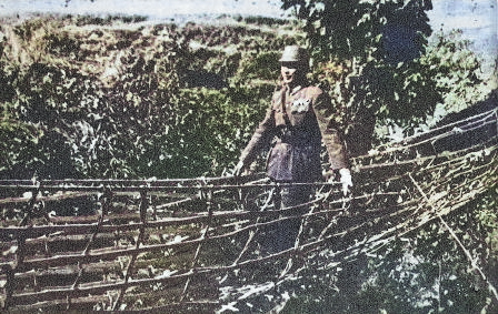 He Yingqin inspecting a suspension bridge built by trainees at Ramgarh Training Center, India, Feb 1943 [Colorized by WW2DB]