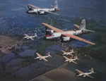 Martin B-26B Marauder bombers of the 597th and 598th Bomb Squadrons fly in formation over Goggeshall, Essex, England, UK, 1943-44.