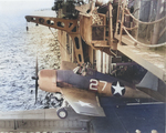 F6F-3 Hellcat of VF-1 being catapulted from the hangar deck catapult on the carrier Yorktown (Essex-class) off Trinidad, 3 Jun 1943.