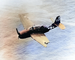 TBM-3 Avenger of VT-82 flying from the carrier Bennington struggles to remain airborne after receiving heavy damage in a mid-air collision with another Avenger over Chi Chi Jima, 18 Feb 1945.