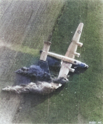 B-24J Liberator of the 854th Bomb Squadron after being hit by light-flak during low-level supply drop for the 82nd and 101st Airborne near Eindhoven, Holland and driven into the ground, Sep 18 1944.