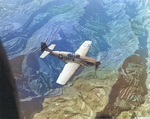 P-51C Mustang of the 311th Fighter Group escorting C-47 Skytrain transports over a terraced landscape in China, July 24 1945