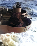 3-inch guns in the stern gun tubs aboard the USS Essex, circa 1950.