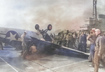 FM-2 Wildcat nosed all the way over on landing aboard training aircraft carrier USS Sable on Lake Michigan, United States, 1944.  Note parked TBF-1 Avengers with bent propeller blades.  Photo 1 of 2.