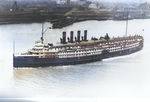 The Cleveland and Buffalo Transit Company’s sidewheeled steamship Seeandbee underway on the Great Lakes, United States in 1940.  This ship would later be converted into the training aircraft carrier USS Wolverine.