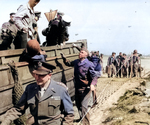 Gen Dwight Eisenhower, Gen George Marshall, and Gen “Hap” Arnold, beside their VIP DUKW during their tour of the Normandy beachhead, Normandy, France, Jun 12, 1944.