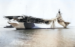 Starboard quarter view of USS Ticonderoga on the Elizabeth River, Portsmouth, Virginia, Untied States, May 30, 1944.