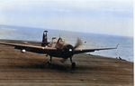 TBM-3 Avenger with Torpedo Squadron 87 landing aboard USS Ticonderoga, Jun-Aug 1945.