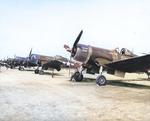 Line of F4U-1A Corsairs of Marine Squadron VMA-21 at Orote Field, Guam, Marianas, 1944. Note the nose art, which was rare on Navy or Marine aircraft but (obviously) not unheard of.