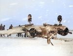 US Navy Beech SNB Expeditor (BuNo 39967) after nosing over on a snow covered runway at NAS South Weymouth, Massachusetts, United States, Feb 8, 1945.