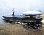 K-class airship K-69 of Airship Patrol Squadron ZP-1 lifts off the flight deck of escort carrier USS Mindoro, Apr 28, 1950.