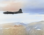 B-17F Fortress flying past Mt. Bagana on Bougainville, Solomon Islands, Nov 11, 1942. This aircraft is returning from bombing Buka Island and is on its way to bomb Shortland Harbor at opposite the end of Bougainville