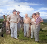 Secretary of the Navy Frank Knox, left, touring Guadalcanal with Adm Nimitz, Adm Halsey, and Army Gen J Lawton Collins, Jan 21, 1943. Apparently no one thought to tell Knox his helmet was on backwards.