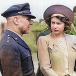 LtGen Jimmy Doolittle speaking with Princess Elizabeth of the United Kingdom during a Royal visit to RAF Thurleigh, home of the USAAF 306th Bomb Group, 6 Jul 1944.