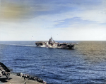 Starboard bow view of the USS Hornet (Essex-class) under way showing her Dazzle MS33/3a paint scheme, 1944.