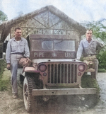 Jeep working the Ledo Road assigned to the pipeline project that built a fuel pipeline to China alongside the Ledo Road, 1944