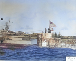 US Navy prize crew flying the US ensign over the German ensign on the captured U-505, 7 Jun 1944. The flagship of the hunter group responsible for the capture, the USS Guadalcanal, is in the background.