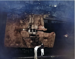 Damage to USS Intrepid’s starboard rudder being examined in Pearl Harbor Drydock #1, 26 Feb 1944. The damage was done by an aerial torpedo on 17 Feb 1944 off Truk.