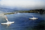 USS Saratoga (left) and USS Lexington (Lexington-class) at anchor off Honolulu, Hawaii, 2 Feb 1933. Note Royal Hawaiian Hotel on Waikiki beach and Diamond Head at right.