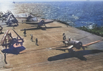 F4U Corsairs and TBM Avengers of Air Group 6 aboard USS Hancock off Okinawa, Japan, 2 Apr 1945