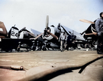 F6F Hellcats of Fighting Squadron VF-45 aboard Independence-class carrier USS San Jacinto off Kyushu, Japan, 18 Mar 1945. Note the open gun access panels in the fighters’ wings.