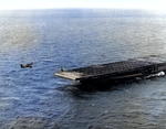 An FM-2 Wildcat on final approach to land aboard the training carrier USS Sable on Lake Michigan, United States, 1943-44.