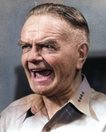 Admiral William Halsey aboard his flagship USS Missouri upon hearing the news that Japan offered to surrender, 11 Aug 1945.