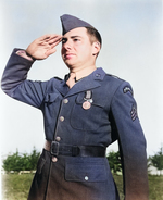 US Army Ranger Sergeant Franklin Koons posing for photographers immediately following being presented with Great Britain’s Military Medal by Vice Admiral Louis Mountbatten, Casablanca, French Morocco, 18 Jan 1943