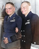 Admiral William Halsey and Vice Admiral John McCain enjoying a lighter moment at an Army and Navy conference in Los Angeles, California, United States, 8 Jan 1944. Note Halsey’s “Aviator Greens” uniform.