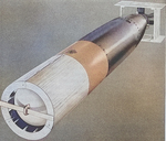 Drawing of the Mark XIII aerial torpedo showing the wooden tail shroud and the plywood drag ring on the nose. Both were designed to stabilize the torpedo during the drop and then break off on impact with the water.