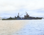 USS Chester at Mare Island Nay Yard on 16 May 1945 after an overhaul that drastically altered her appearance. The foremast was shortened while the mainmast was shifted forward and mounted to the aft smoke stack