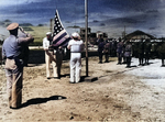 US flag raising at Maloelap Atoll, Marshall Islands, Sep 1945; note Captain H. B. Grow at left and Japanese officers at right