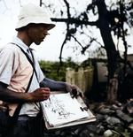 Japanese artist painting scene of destruction, Hiroshima, Japan, Sep 1945