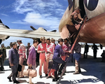 Aboard two Mitsubishi G4M ‘Betty’ bombers in surrender markings, a Japanese delegation stopped at Ie Jima, Ryukyu Islands en route Manila, Philippines for a surrender briefing, 19 Aug 1945. Photo 10 of 12.