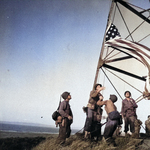 The first US flag raising in Japan, Fort No. 2 on the coast of Tokyo Bay, Japan, 30 Aug 1945