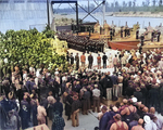 Commissioning ceremonies for Motor Torpedo Boat Squadron 16 (MTBRon 16) at Higgins Boatworks in New Orleans, Louisiana, United States, 26 Feb 1943. Note Higgins 78-foot PT Boats and LCM landing craft in the distance.