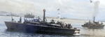 PT-331, an Elco 80-footer of Motor Torpedo Boat Squadron 21 (MTBRon 21), in Leyte Gulf, 1945. Note shell splashes in the distance.