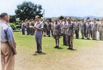 Colonel William E. Bergen reading medal citations while Lieutenant General Joseph Stilwell and Major General F. C. Sibert looked on, India, mid-1942