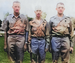 Lieutenant Colonel Frank Dorn (Silver Star), Colonel Robert P. Williams (Purple Heart), and Lieutenant Colonel Frank Merrill (Purple Heart) having just been awarded medals, India, mid-1942