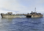 LST-4 off the beaches of Gela, Sicily, 10 Jul 1943. Note the LCVPs suspended from her davits and note the LCVP’s peculiar spoonbill bow that was so instrumental to the boat’s success.